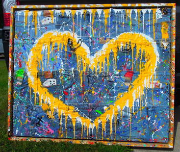 JOZZA (1958- ) BRAZILIAN: One of a kind unique original artwork Mixed Media with paint on wooden panel "My Jeans Collection - Yellow Heart". Hand signed on front and hand signed and titled with serial number on verso. Original