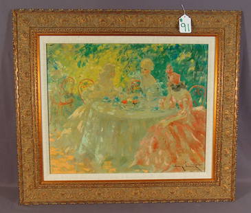 LOUIS ICART (1888-1950) FRENCH: Original Oil on Board "Fin de Dejeuner". Hand signed on front and initialed on verso. Image 20" x 24", Overall framed 29" x 33 1/2".