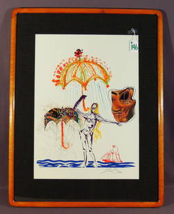 SALVADOR DALI (1904-1989) SPANISH: Rare Original Colored Drypoint, Lithograph, Serigraph & Collage on paper "Antiombrelle a Atomiseurs de Liquides (Umbrella with Liquid Atomizers)". Circa 1975. From the Imaginations & Objects of the Fu