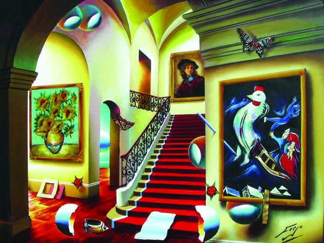 FERDINAND OLIVERA (FERJO) BORN 1946 BRAZILIAN - ORI: FERDINAND OLIVERA (FERJO) (BORN 1946) BRAZILIAN - ORIGINAL OIL ON CANVAS “STAIRWAY TO MASTERS” (SEE PHOTO) Original oil painting in vibrant colors with Ferjo’s trademark objects and walls with p