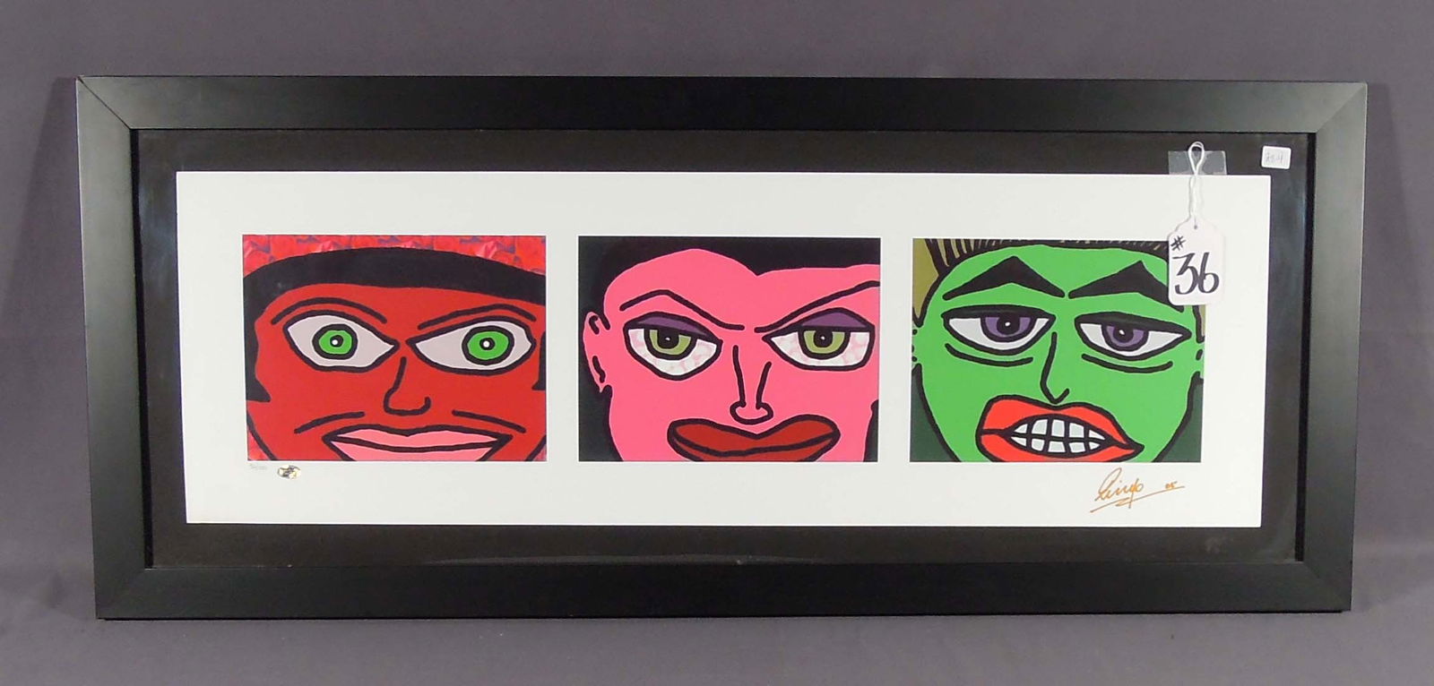 RINGO STARR (1940- ) ENGLAND, UK: Original Serigraph "3 Faces". Hand signed by Ringo and dated 2005. Limited Edition 92/100. Overall framed 17" x 39 1/2".