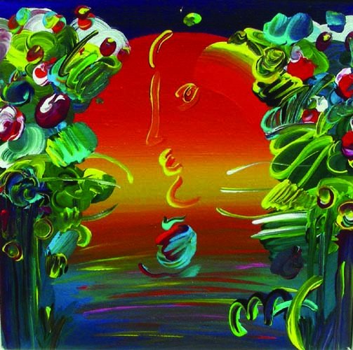 PETER MAX (1937- ) GERMAN - ORIGINAL OIL ON CANVAS: PETER MAX (1937- ) GERMAN - ORIGINAL OIL ON CANVAS “BETTER WORLD” (SEE PHOTO) Signed lower right. Gilt frame. 12” x 12”