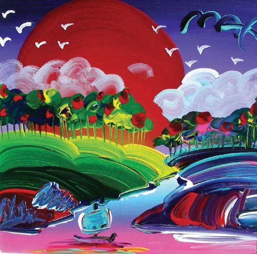 PETER MAX (1937- ) GERMAN - ORIGINAL OIL ON CANVAS: PETER MAX (1937- ) GERMAN - ORIGINAL OIL ON CANVAS "WITHOUT BORDERS" Stamped and numbered on reverse by Peter Max Studios. Gilt frame. Image 12” x 12”