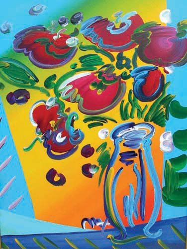 PETER MAX (1937- ) GERMAN - LARGE ORIGINAL OIL ON: PETER MAX (1937- ) GERMAN - LARGE ORIGINAL OIL ON CANVAS “VASE OF FLOWERS” (SEE PHOTO) Vibrant colors. Signed by Max and stamped by Max Studios on reverse. Certificate of authenticity included. Im