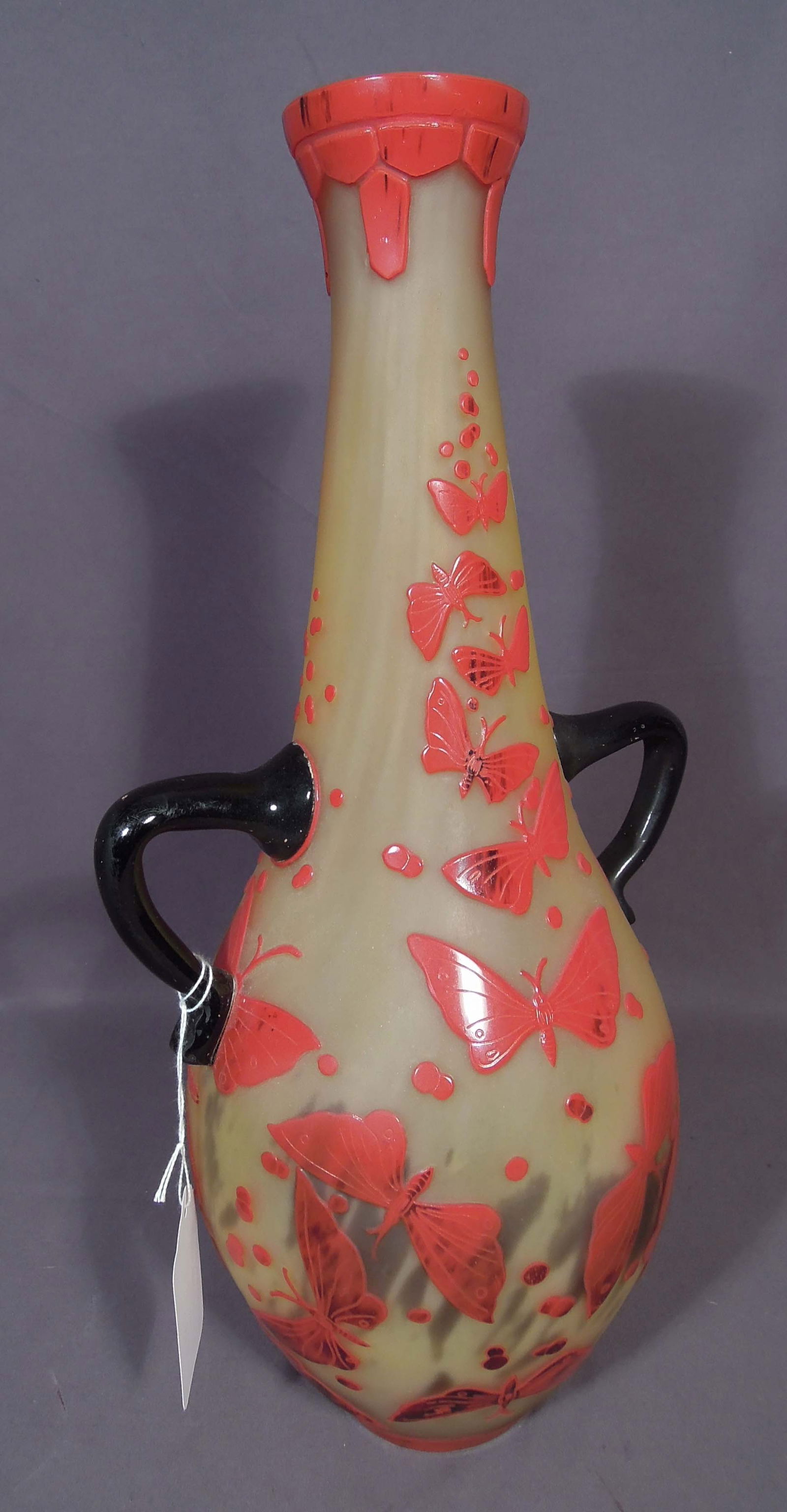 VINTAGE CHARDER FRENCH CAMEO GLASS VASE "BUTTERFLIES": Excellent condition. Loop handles Signed Charder. 18" high, 9" wide.