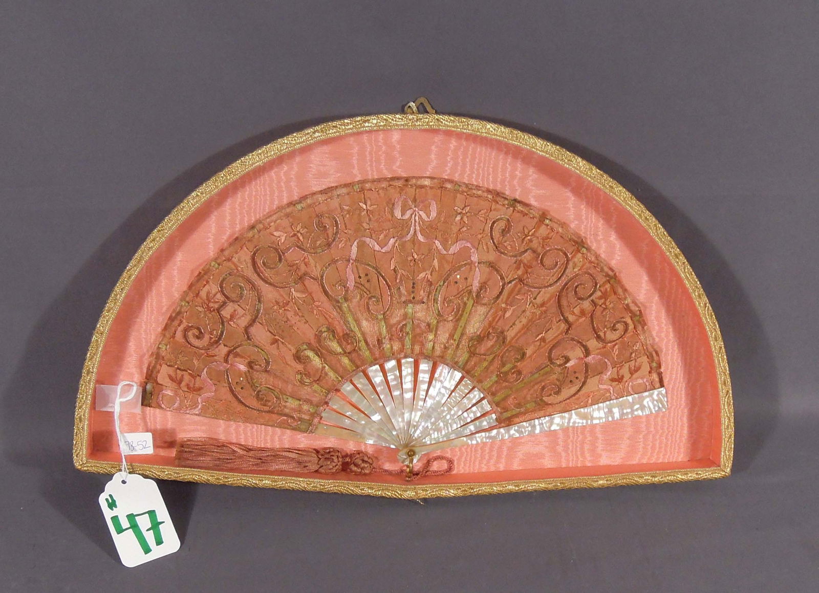 VICTORIAN ANTIQUE CASED HAND FAN WITH MOTHER-OF-PEARL HANDLE: Overall 11" high, 19 1/2" wide.