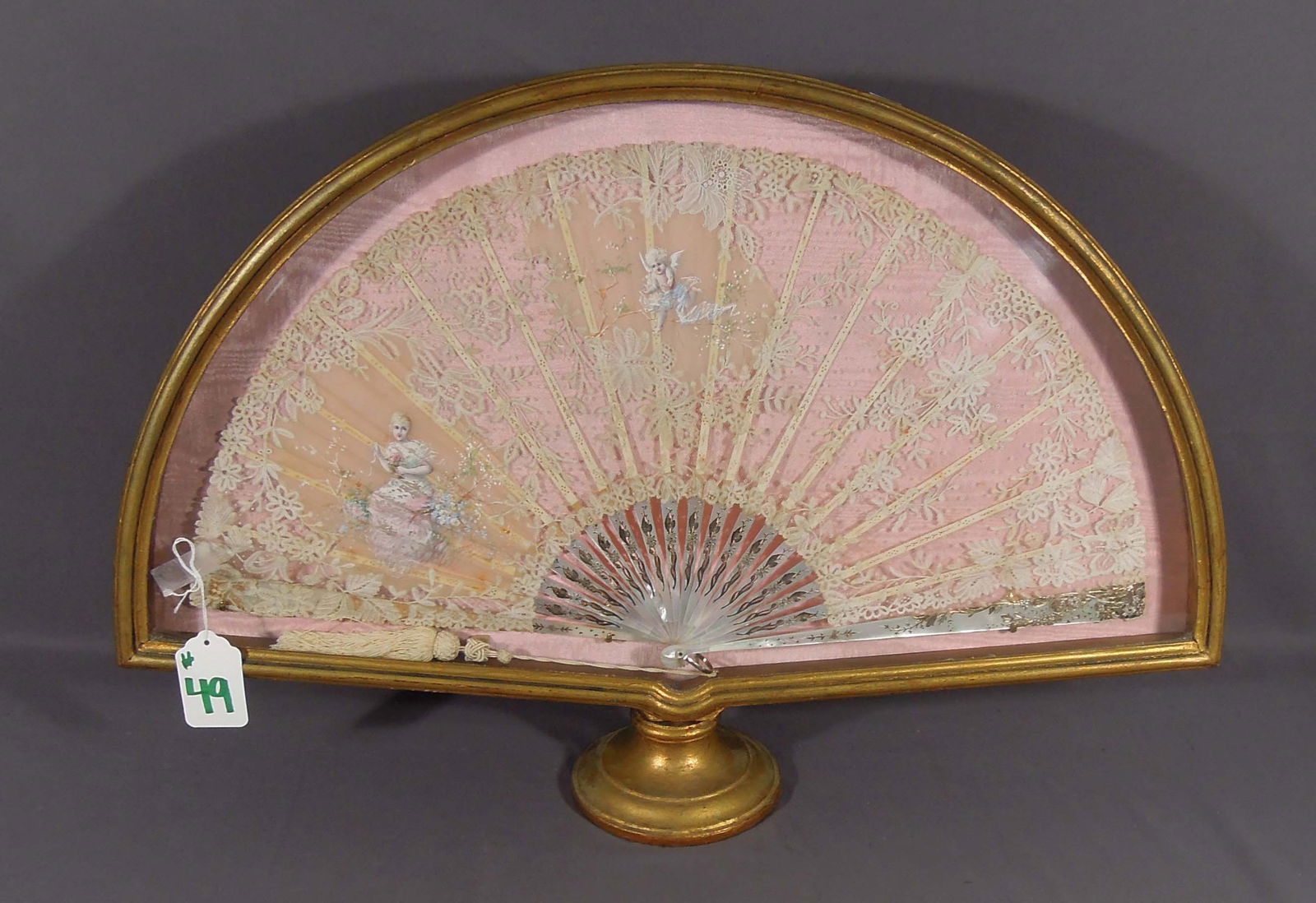 LARGE CASED ANTIQUE HAND PAINTED LACE HAND FAN WITH MOTHER-OF-PEARL HANDLE (1 of 2)