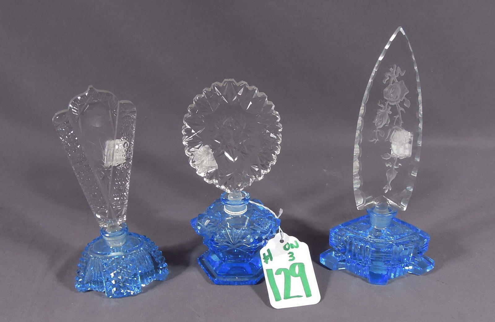 GROUP OF THREE VINTAGE CZECHOSLOVAKIAN BLUE ART DECO PERFUME BOTTLES (1 of 2)