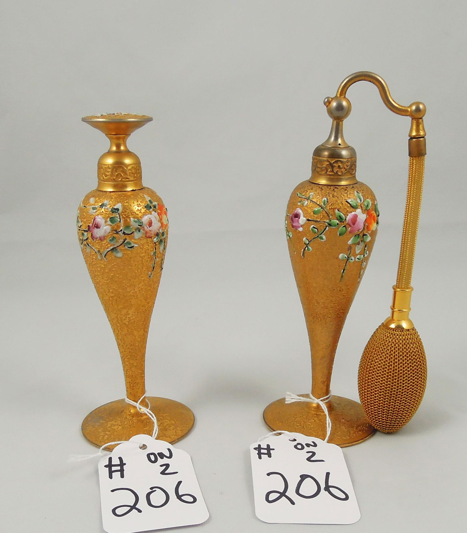 TWO 1920'S DEVILBISS GOLD ENCRUSTED ENAMELLED FLORAL PERFUMES (1 of 3)