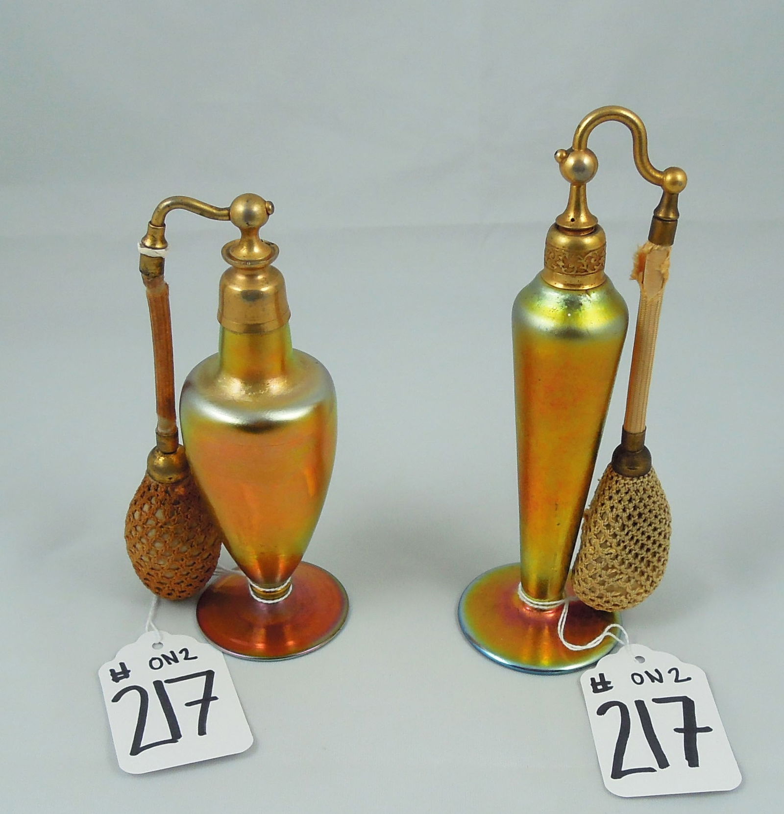 TWO ANTIQUE IRIDESCENT DEVILBISS AURENE PERFUME BOTTLES (1 of 1)