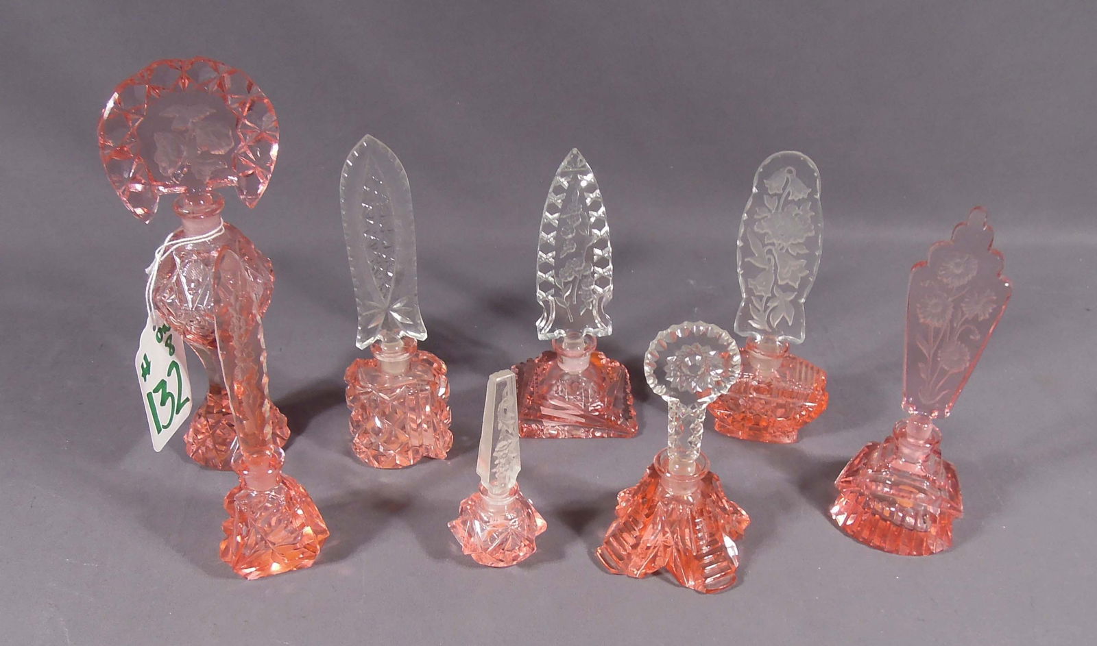 GROUP OF EIGHT CZECH ANTIQUE PINK PERFUME BOTTLES (1 of 2)