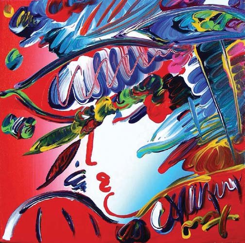 PETER MAX (1937- ) GERMAN - ORIGINAL OIL ON CANVA: PETER MAX (1937- ) GERMAN - ORIGINAL OIL ON CANVAS "BLUSHING BEAUTY" (SEE PHOTO) Signed lower right. Stamped by Max Studios on reverse. Gilt frame. Image 12" x 12", Overall 26" sq.