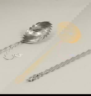 VINTAGE GEORG JENSON STERLING SILVER GRAVY LADLE: Double spout. Circa 1915-1927. Weighs 77 grams. Signed with Georg Jenson mark. 7 3/4" long.