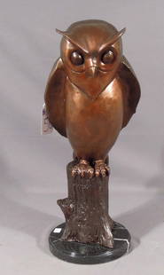 FINE BRONZE SCULPTURE OF STANDING OWL: Brown patina. Excellent detail. Black & white marble base. 19 1/2" high.