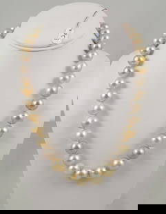OUTSTANDING STRAND OF SOUTH SEA PEARLS WITH 14K Y.G. CLASP: Multi colored pearls ranging from 12-14mm. 14k yellow gold clasp. 20" long.