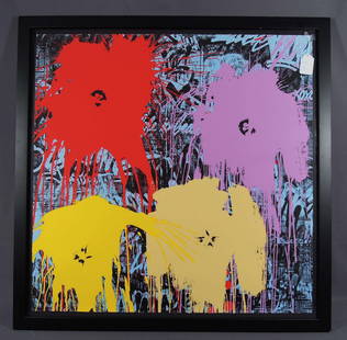 THIERRY GUETTA (1966- ) FRENCH (MR. BRAINWASH): Large Original Serigraph on hand torn Archival paper "Flowar$". Circa 2021. Hand signed and numbered 10/34. Complete with Mr. Brainwash thumb print on verso. Image 36" sq., Overall framed 41" sq.