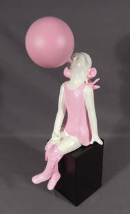 BANSKY STYLE COMPOSITION SCULPTURE "BUBBLE GUM" GIRL: Seated girl chewing bubble gum blows a big bubble. 22" high.