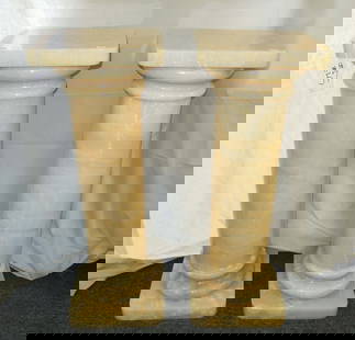 PAIR FINE MARBLE COLUMN STYLE PEDESTALS: Travertine coloration. Very good condition. 33 1/2" high, 12 1/2" sq.