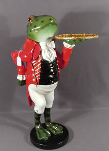 HUMOROUS HAND PAINTED FROG BUTLER: Standing frog holding serving tray. 37" high.