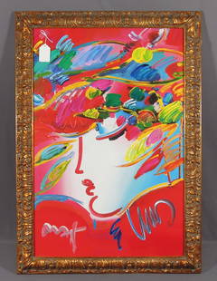 PETER MAX (1937- ) GERMAN: Original Mixed Media with Acrylic on paper "Profile". One of a kind work of art. Stamped on verso by Peter Max Studios with serial number. Hand signed on front. Overall framed 41" x 29"