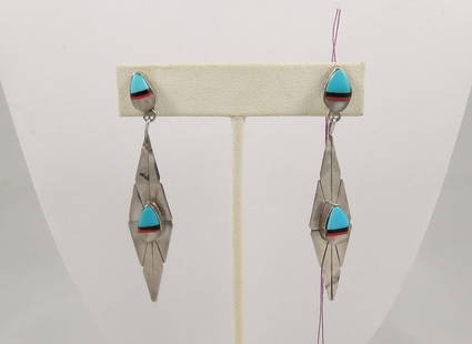 PAIR VINTAGE NATIVE AMERICAN STERLING SILVER,TURQUOISE, ONYX, CORAL & MOTHER-OF-PEARL EARRINGS: Dangle earrings. 2 1/2" long.