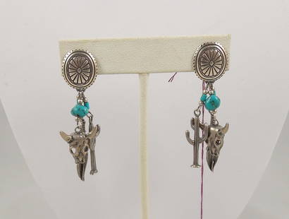 PAIR VINTAGE NATIVE AMERICAN STERLING SILVER & TURQUOISE EARRINGS: An oval top supports a triple dangle. 2" long.