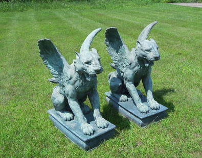 OUTSTANDING LARGE PAIR VINTAGE BRONZE WINGED GARGOYLES: Very heavy. Fine detail. Fantastic aged green patina. 4' high, 30" wide, 4' deep.