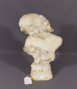 ANTIQUE HAND CARVED ITALIAN ALABASTER BUST OF WOMAN: Beautiful woman with flowers. Excellent detail. 15" high, 9" wide.