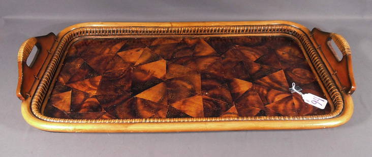 BAMBOO & FAUX TORTOISE SHELL TRAY: Two handles. 37 1/2" long, 20" deep.
