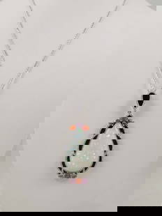 SPECTACULAR LADIES PLATINUM, OPAL, SAPPHIRE & DIAMND NECKLACE: A platinum chain supports a large pendant set with a firey pear shaped opal weighing 27.57 cts. Opal surrounded with six sections of black enamel highlighted by rows of ful cut round diamonds