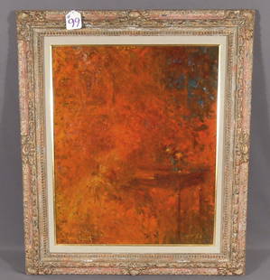 LOUIS ICART (1888-1950) FRENCH: Very rare original oil on board "Le Clavecin". From the red period. Oil of woman playing piano. Hand signed lower left. Original frame. Image 24" x 20", Overall 31 1/2" x 27".
