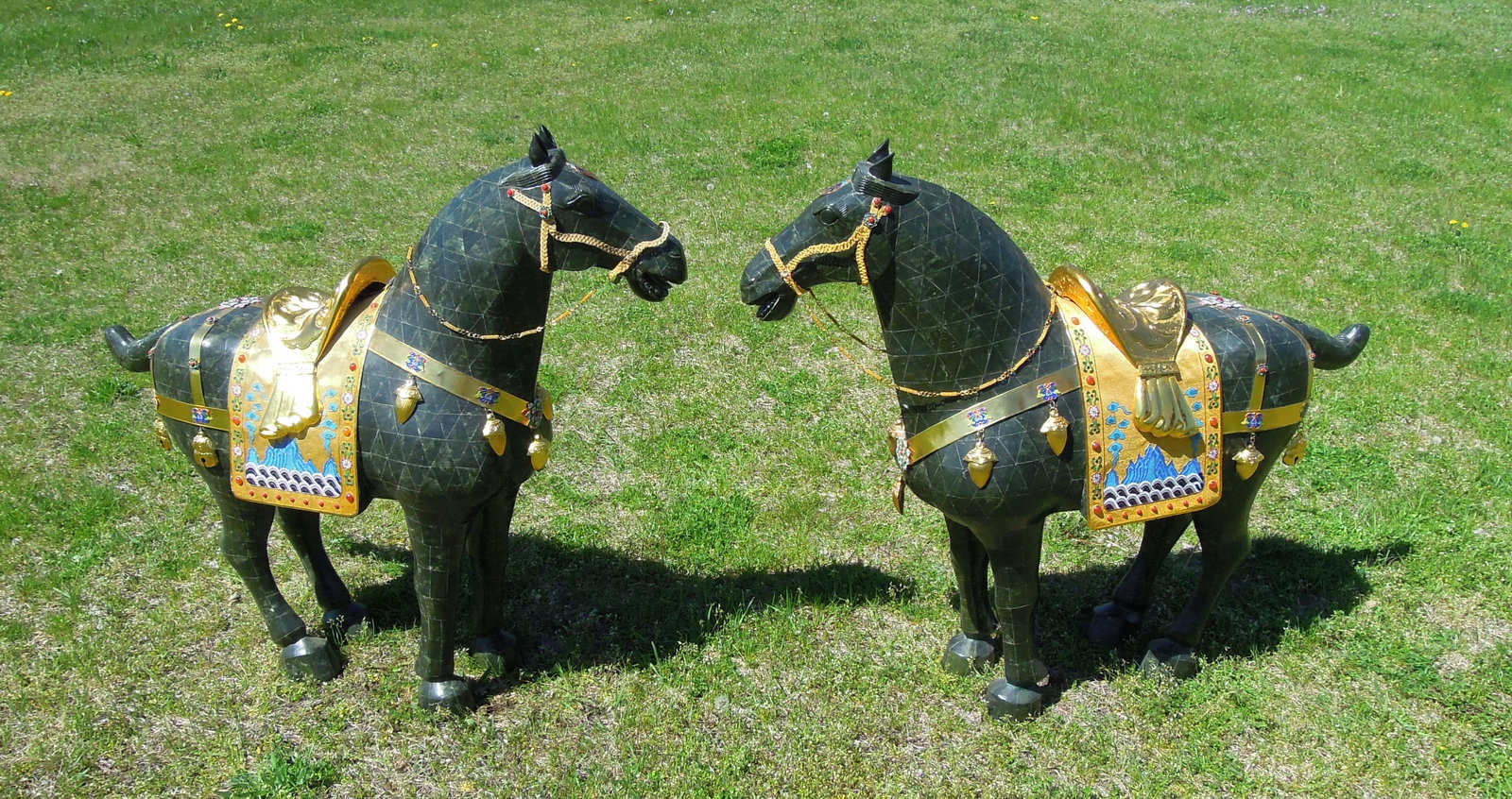 PAIR OF LARGE SPECTACULAR CHINESE MOSAIC JADE & CLOISONNE TANG STYLE HORSES (1 of 4)
