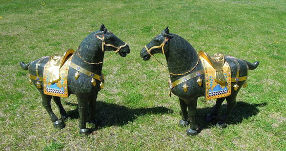 PAIR OF LARGE SPECTACULAR CHINESE MOSAIC JADE & CLOISONNE TANG STYLE HORSES: A left and right pair of large horses with enamel and gold overlay sadles and bridle. Excellent workmanship with jade tiles. Very good condition. 41" high, 46" long each.