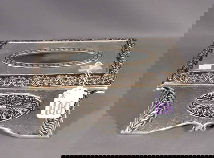 COMPOSITION AND MOSAIC GLASS KLEENEX BOX: Silver coloration. 5 1/2" high, 12" wide, 6 1/2" deep.