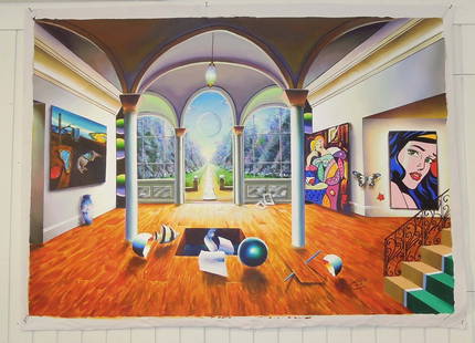 FERNANDO DE JESUS OLIVEIRA (1946- ) BRAZILIAN (FERJO): Very large original oil on canvas "Garden View". (Dali, Picasso & Lichtenstein on walls). This is one of Ferjo's masterpieces. Unframed. Hand signed by Ferjo and complete with certificate by