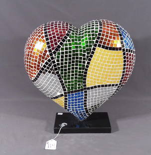CUSTOM MADE POP ART MOSAIC GLASS HEART SCULPTURE: Mosaic glass heart on black base. Multi colored. 18" high, 17" wide.