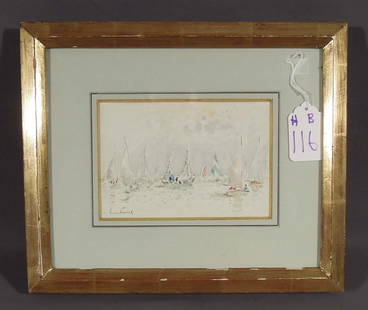 ANDRE HAMBOURG (1909-1999) FRENCH: Very rare one of a kind art work Watercolor & pencil on paper "Temps Libre". Hand signed by Hambourg, lower right. Original frame. Image 5 3/4" x 8 1/4", Overall framed 13" x 15 1/2".
