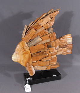 HAND CARVED TEAK SCULPTURE OF FISH: 22 1/2" high, 20 1/2" wide.