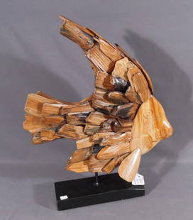 HAND CARVED TEAK SCULPTURE OF FISH: 23" high, 20 1/2" wide.