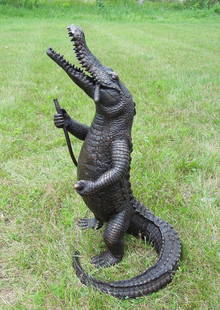 HUMOROUS BRONZE SCULPTURE/FOUNTAIN OF ALLIGATOR SMOKING CIGAR: Very fine detail. Brown patina. Water emerges from hose in alligators hand. 31 1/2" high.