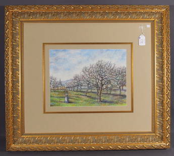 H. CLAUDE PISSARRO (1935- ) FRENCH: One of a kind original Pastel on paper "Madeleine Dans le Champs de Pommes". Hand signed by Pissarro. Hand titled on verso. Image 14 1/2" x 19 1/2", Overall framed 37" x 42".