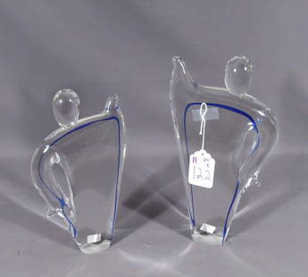 PAIR HEAVY ITALIAN (POSSIBLE MURANO) ART GLASS FIRGURES: Hand blown art glass figures. Clear with blue streaks. Tallest 13 1/2" high.