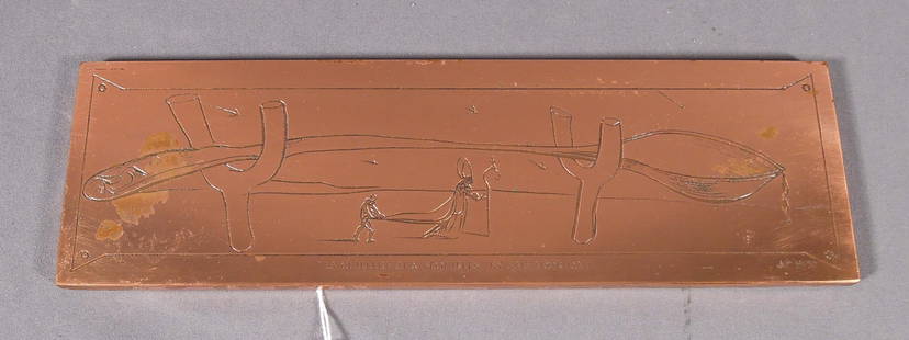SALVADOR DALI (1904-1989) SPANISH: Original copper etching plate. 1971. "La Cuillere Aux Bequilles". Titled on bottom. Rare Artist Proof 39/50. From the Diners de Gala Suite. Included in the original Portfolio. 2 7/8" high, 9