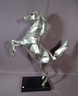 CUSTOM MADE MODERN BRONZE OF REARING HORSE: Art Deco style bronze. Chromed silver patina. Bronze base. Signed J. Dagan. Excellent condition. 38" high, 28" wide.