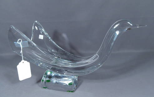DAUM CRYSTAL SCULPTURE OF BIRD: Signed on base. Excellent condition. 10" high, 16 1/2" long, 8" wide.