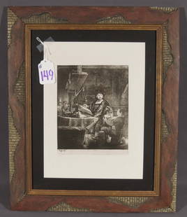 REMBRANDT VAN RIJN (1606-1669) DUTCH (AFTER): Antique original Heliogravure on paper "Portrait of Jan Uytenbogaert (The Gold Weigher". Circa 1880. Signed in the plate. Unusual custom made frame. Overall 22 3/4" x 18 3/4".