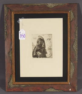 REMBRANDT VAN RIJN (1606-1669) DUTCH (AFTER): Antique original Etching on paper "Third Oriental Head". Circa 1883. Signed in the plate. Unusual custom made frame. Image 6 3/16" x 5 1/4". Overall 18 3/4" x 22 3/4".