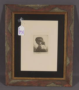 REMBRANDT VAN RIJN (1606-1669) DUTCH (AFTER): Antique original Heliogravure on paper "South Portrait and a Cat in Scarf". Circa 1880. Signed in the plate. Some foxing on borders. Unusual custom made frame. Overall 22 3/4" x 18 3/4".