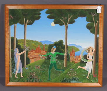 THOMAS MC KNIGHT (1941- ) AMERICAN: Very rare original on of a kind oil on canvas "Allegory of Fleeting Time". Circa 1980. Hand signed by Mc Knight. Image 30" x 36", Overall framed 33" x 39".