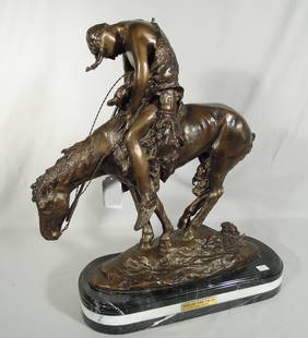BRONZE SCULPTURE "END OF THE TRAIL" AFTER JAMES EARLE FRASIER: Very fine detail. Brown patina. Heavy marble base. Signed. 20 1/2" high, 19" long.
